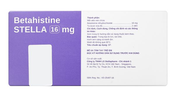 Betahistine Stella 16mg điều trị hội chứng Meniere, chóng mặt, ù tai (10 vỉ x 10 viên)