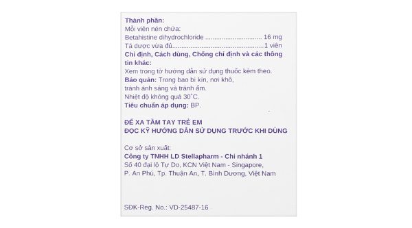 Betahistine Stella 16mg điều trị hội chứng Meniere, chóng mặt, ù tai (10 vỉ x 10 viên)