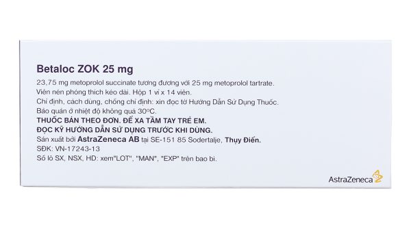 Betaloc ZOK 25mg trị tăng huyết áp, đau thắt ngực (1 vỉ x 14 viên)