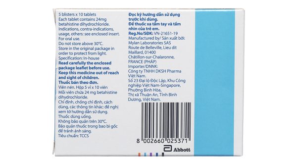Betaserc 24mg trị ù tai, chóng mặt tiền đình (5 vỉ x 10 viên)