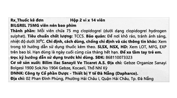 Bilgrel 75mg phòng ngừa các biến cố huyết khối do xơ vữa động mạch (2 vỉ x 14 viên)