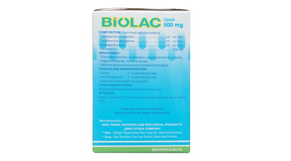 Biolac 500mg bổ sung vi sinh, trị tiêu chảy và táo bón (10 vỉ x 10 viên)