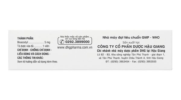BisacodylDHG 5mg trị táo bón, làm sạch ruột trước và sau phẫu thuật (4 vỉ x 25 viên)