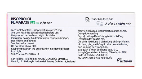 Bisoprolol Fumarate 2.5mg trị tăng huyết áp, đau thắt ngực (2 vỉ x 14 viên)