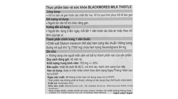 Blackmores Milk Thistle bảo vệ gan, hỗ trợ quá trình phục hồi gan lọ 42 viên