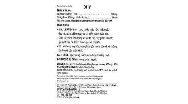 Otiv giúp cải thiện tình trạng thiếu máu não, mất ngủ hộp 60 viên