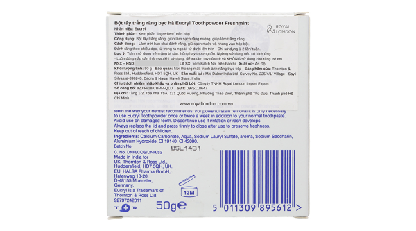 Bột đánh trắng răng Eucryl Toothpowder giúp răng sáng bóng, chắc khỏe hộp 50g