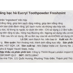 Bột đánh trắng răng Eucryl Toothpowder giúp răng sáng bóng, chắc khỏe hộp 50g
