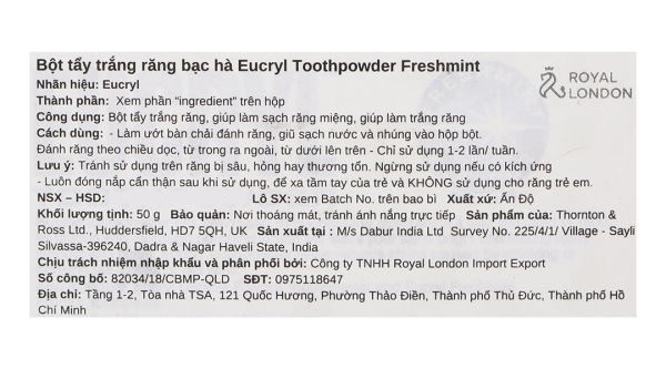Bột đánh trắng răng Eucryl Toothpowder giúp răng sáng bóng, chắc khỏe hộp 50g