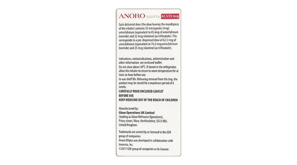 Bột hít Anoro Ellipta 62,5/25mcg giảm triệu chứng tắc nghẽn đường hô hấp lọ 30 liều hít