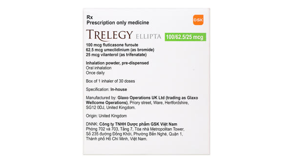 Bột hít phân liều Trelegy Ellipta 100/62,5/25 mcg giảm triệu chứng COPD lọ 30 liều hít