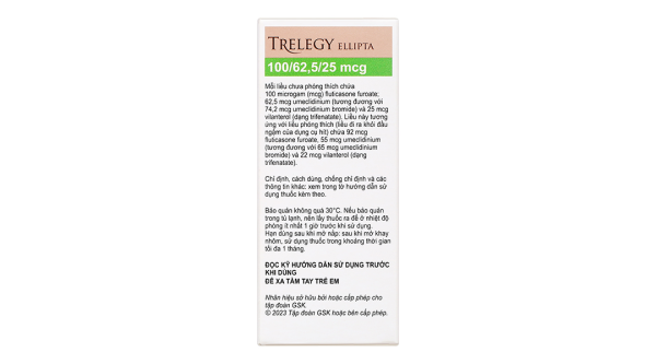 Bột hít phân liều Trelegy Ellipta 100/62,5/25 mcg giảm triệu chứng COPD lọ 30 liều hít