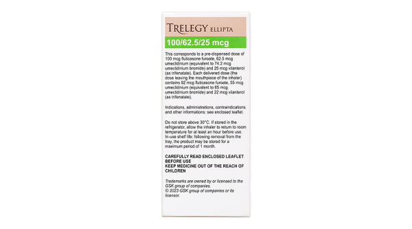 Bột hít phân liều Trelegy Ellipta 100/62,5/25 mcg giảm triệu chứng COPD lọ 30 liều hít