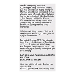 Bột hít phân liều Trelegy Ellipta 100/62,5/25 mcg giảm triệu chứng COPD lọ 30 liều hít