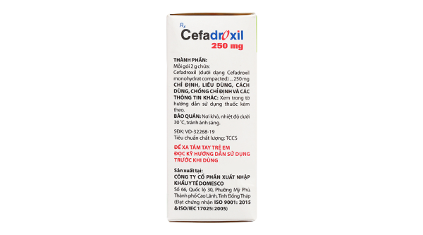 Bột pha hỗn dịch uống Cefadroxil Domesco 250mg trị nhiễm khuẩn (10 gói x 2g)