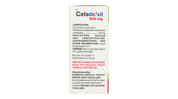 Bột pha hỗn dịch uống Cefadroxil Domesco 250mg trị nhiễm khuẩn (10 gói x 2g)