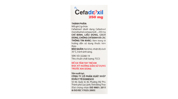 Bột pha hỗn dịch uống Cefadroxil Domesco 250mg trị nhiễm khuẩn (10 gói x 2g)