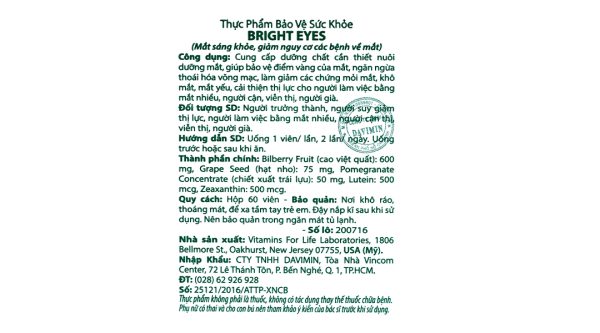 Bright Eyes bảo vệ điểm vàng, ngừa thoái hóa mắt hộp 60 viên