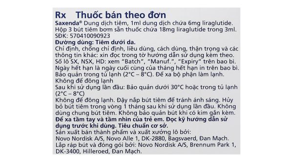 Bút tiêm Saxenda 6mg/ml giảm cân nặng, hỗ trợ cho chế độ ăn giảm calo (3 cây x 3ml)