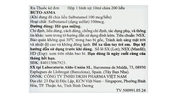 Dung dịch khí dung Buto-asma 100mcg trị triệu chứng hen phế quản bình 200 liều