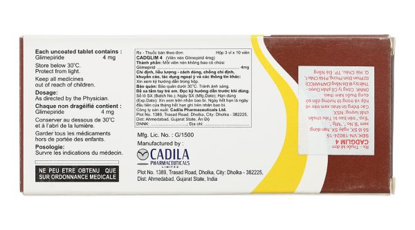Cadglim 4 trị đái tháo đường tuýp 2 không phụ thuộc insulin (3 vỉ x 10 viên)