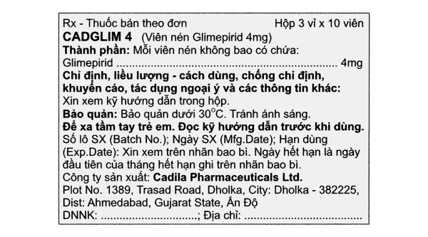 Cadglim 4 trị đái tháo đường tuýp 2 không phụ thuộc insulin (3 vỉ x 10 viên)