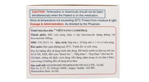 Canditral 100mg trị nhiễm nấm (10 vỉ x 4 viên)