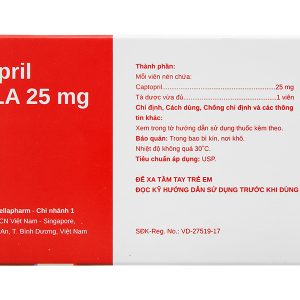 Captopril Stella 25mg trị tăng huyết áp, suy tim (10 vỉ x 10 viên)