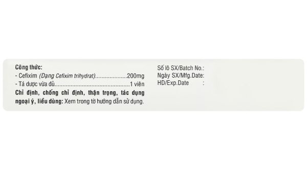 Cefixime 200 TV. Pharm trị nhiễm khuẩn (2 vỉ x 10 viên)