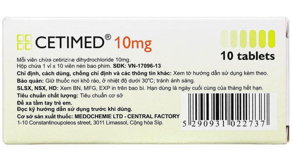 Cetimed 10mg điều trị triệu chứng viêm mũi dị ứng (1 vỉ x 10 viên)
