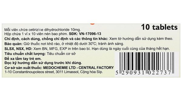Cetimed 10mg điều trị triệu chứng viêm mũi dị ứng (1 vỉ x 10 viên)