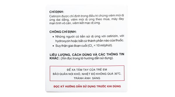 Cetirizin Vidipha 10mg trị viêm mũi dị ứng, mề đay (10 vỉ x 10 viên)