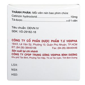 Cetirizin Vidipha 10mg trị viêm mũi dị ứng, mề đay (10 vỉ x 10 viên)