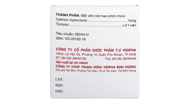 Cetirizin Vidipha 10mg trị viêm mũi dị ứng, mề đay (10 vỉ x 10 viên)