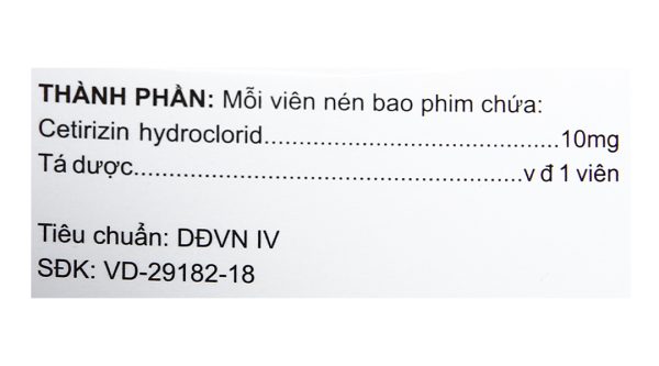 Cetirizin Vidipha 10mg trị viêm mũi dị ứng, mề đay (10 vỉ x 10 viên)