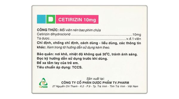 Cetirizin TV.Pharm 10mg điều trị viêm mũi dị ứng, mày đay (10 vỉ x 10 viên)