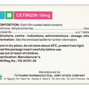 Cetirizin TV.Pharm 10mg điều trị viêm mũi dị ứng, mày đay (10 vỉ x 10 viên)