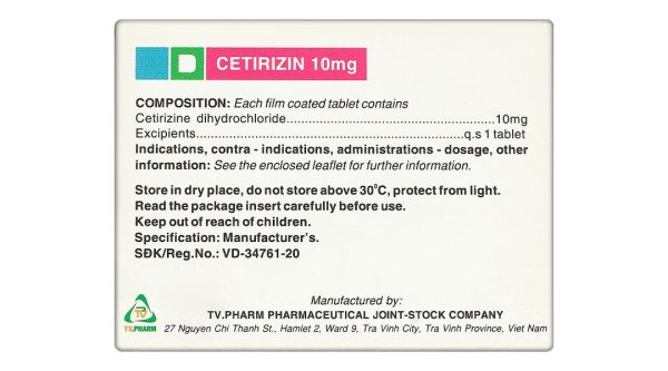 Cetirizin TV.Pharm 10mg điều trị viêm mũi dị ứng, mày đay (10 vỉ x 10 viên)