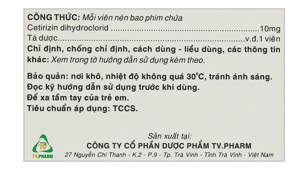 Cetirizin TV.Pharm 10mg điều trị viêm mũi dị ứng, mày đay (10 vỉ x 10 viên)