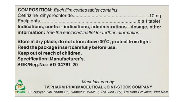 Cetirizin TV.Pharm 10mg điều trị viêm mũi dị ứng, mày đay (10 vỉ x 10 viên)