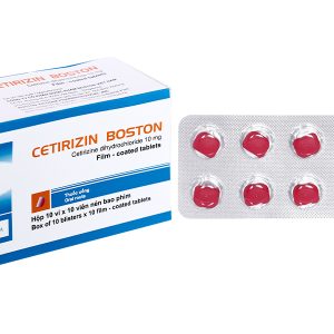 Cetirizin Boston 10mg giảm triệu chứng viêm mũi dị ứng, mày đay (10 vỉ x 10 viên)