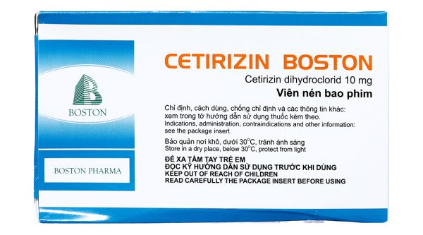 Cetirizin Boston 10mg giảm triệu chứng viêm mũi dị ứng, mày đay (10 vỉ x 10 viên)