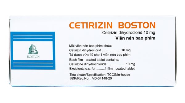 Cetirizin Boston 10mg giảm triệu chứng viêm mũi dị ứng, mày đay (10 vỉ x 10 viên)
