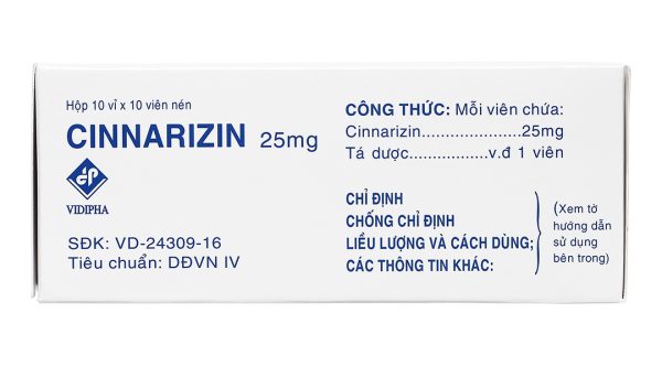 Cinnarizin Vidipha 25mg trị rối loạn tiền đình, chống say xe (10 vỉ x 10 viên)