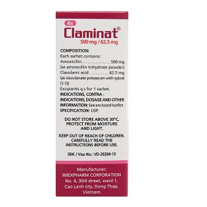 Bột pha hỗn dịch uống Claminat 500mg/62.5mg trị nhiễm khuẩn (1 túi x 12 gói)