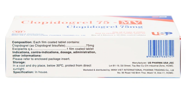 Clopidogrel 75 - MV giảm hay dự phòng huyết khối do xơ vữa động mạch (3 vỉ x 10 viên)