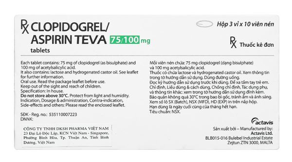 Clopidogrel/Aspirin TEVA 75/100mg trị bệnh mạch vành, nhồi máu cơ tim (3 vỉ x 10 viên)