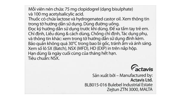 Clopidogrel/Aspirin TEVA 75/100mg trị bệnh mạch vành, nhồi máu cơ tim (3 vỉ x 10 viên)