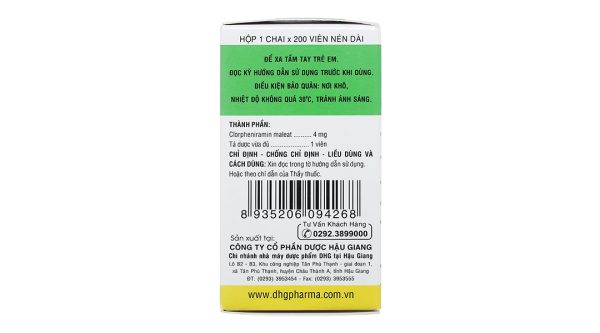 Clorpheniramin 4 DHG Pharma trị viêm mũi dị ứng, mề đay lọ 200 viên