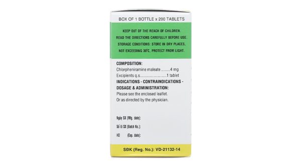 Clorpheniramin 4 DHG Pharma trị viêm mũi dị ứng, mề đay lọ 200 viên